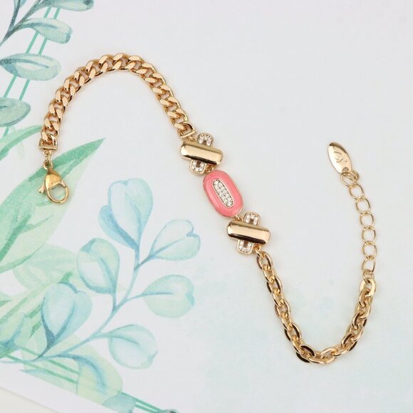 "Rose Gold Bracelet with Pink Enamel and Crystal Accents, XPBL0815 - Picture 3 of 12